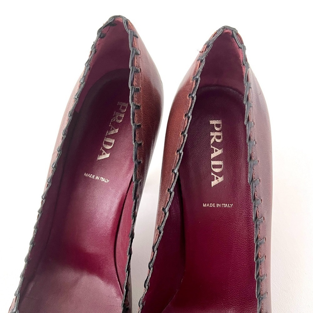 PRADA | Vintage Brown Red Leather Floral Stitch Appliqué Pointed‎ Pumps EU 38.5 - Picture 4 of 11